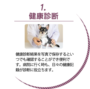 1.健康診断:健康診断結果を写真で保存するといつでも確認することができ便利です。病院に行く時も、日々の健康記録が診断に役立ちます。