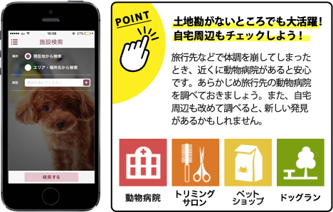 土地勘がないところでも大活躍!自宅周辺もチェックしよう!旅行先などで体調を崩してしまったとき、近くに動物病院があると安心です。あらかじめ旅行先の動物病院を調べておきましょう。また、自宅周辺も改めて調べると、新しい発見があるかもしれません。