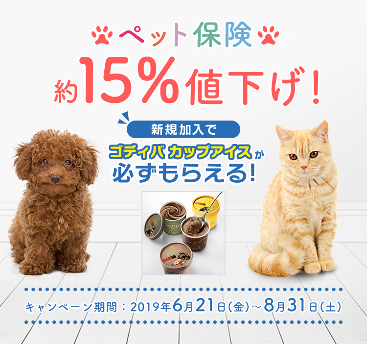 ペット保険15%値下げ！ゴディバ カップアイス必ずもらえる! キャンペーン期間：2019年6月21日(金)～8月31日(土)