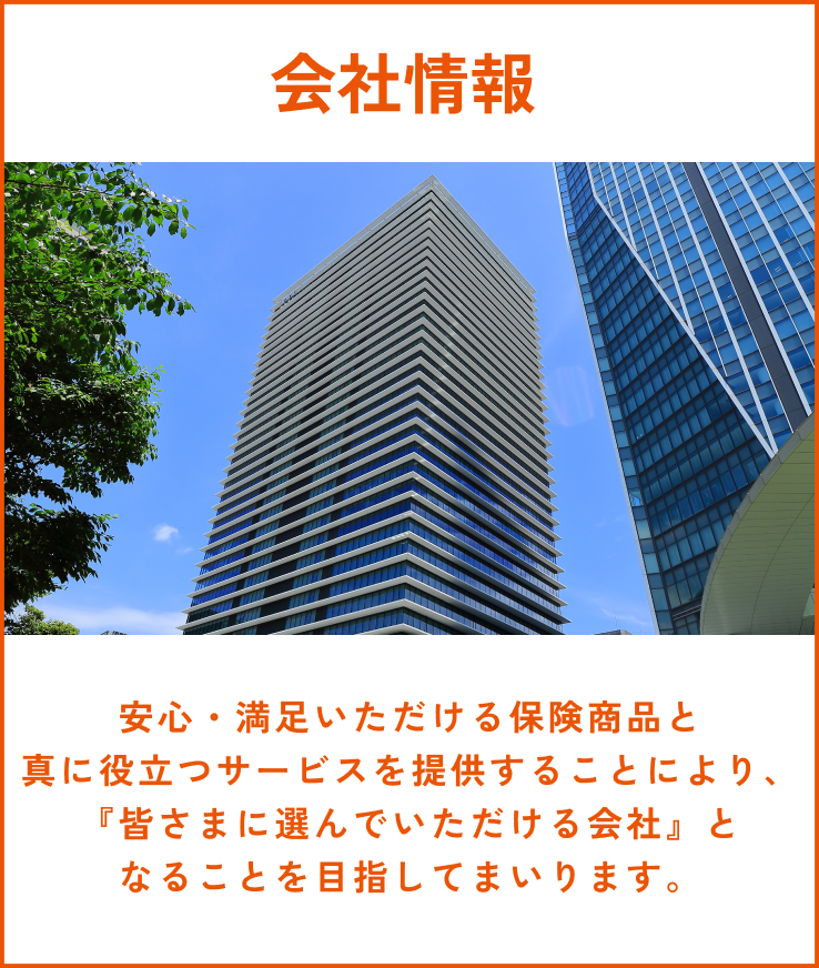 会社情報　安心・満足いただける保険商品と真に役立つサービスを提供することにより『皆さまに選んでいただける会社』となることを目指してまいります。