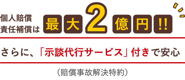 個人賠償責任補償は最大2億円!!さらに、「示談代行サービス」付きで安心