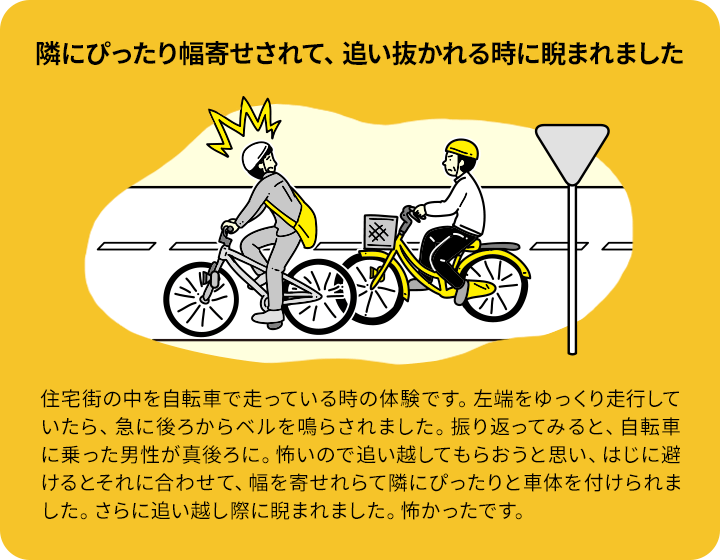 隣にぴったり幅寄せされて、追い抜かれる時に睨まれました：住宅街の中を自転車で走っている時の体験です。左端をゆっくり走行していたら、急に後ろからベルを鳴らされました。振り返ってみると、自転車に乗った男性が真後ろに。怖いので追い越してもらおうと思い、はじに避けるとそれに合わせて、幅を寄せれらて隣にぴったりと車体を付けられました。さらに追い越し際に睨まれました。怖かったです。