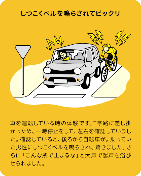 しつこくベルを鳴らされてビックリ：車を運転している時の体験です。T字路に差し掛かっため、一時停止をして、左右を確認していました。確認していると、後ろから自転車が。乗っていた男性にしつこくベルを鳴らされ、驚きました。さらに「こんな所で止まるな」と大声で罵声を浴びせられました。