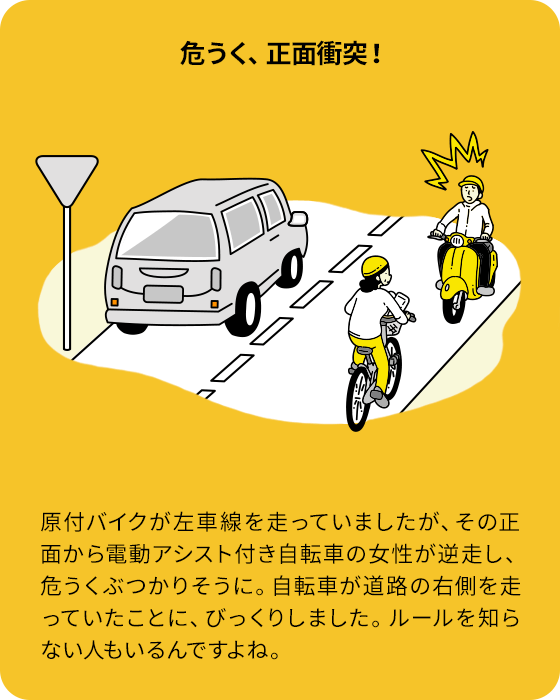 危うく、正面衝突！：原付バイクが左車線を走っていましたが、その正面から電動アシスト付き自転車の女性が逆走し、危うくぶつかりそうに。自転車が道路の右側を走っていたことに、びっくりしました。ルールを知らない人もいるんですよね。
