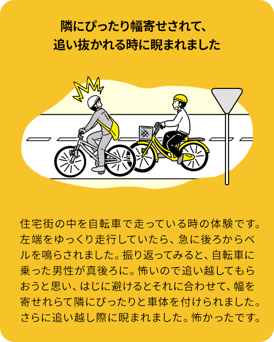 隣にぴったり幅寄せされて、追い抜かれる時に睨まれました：住宅街の中を自転車で走っている時の体験です。左端をゆっくり走行していたら、急に後ろからベルを鳴らされました。振り返ってみると、自転車に乗った男性が真後ろに。怖いので追い越してもらおうと思い、はじに避けるとそれに合わせて、幅を寄せれらて隣にぴったりと車体を付けられました。さらに追い越し際に睨まれました。怖かったです。