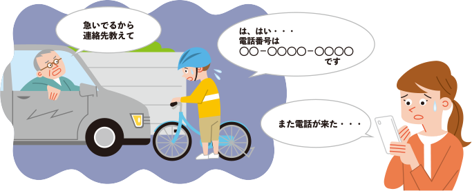 急いでいるから連絡先教えて。は、はい・・・電話番号は○○-○○○○-○○○○です。また電話がきた・・・