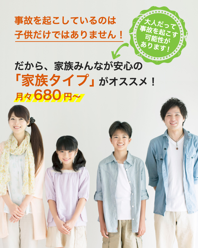 事故を起こしているのは子供だけではありません！大人だって事故を起こす可能性があります！だから、家族みんなが安心の「家族タイプ」がオススメ！