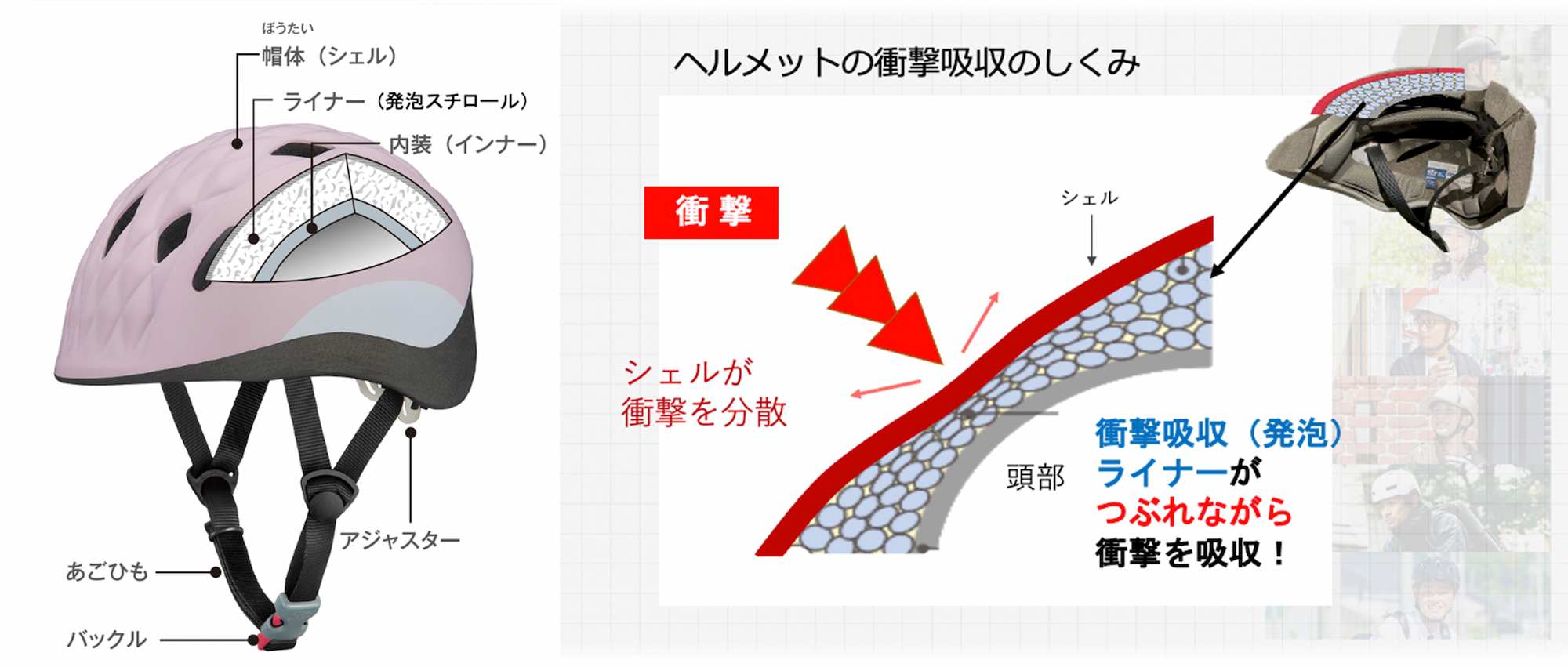 自転車用ヘルメットの構造と衝撃吸収の仕組みを示す図解。左側にはヘルメットの各部位（帽体、ライナー、内装、バックルなど）がラベル付きで表示され、右側には衝撃がシェルで分散し、ライナーがつぶれながら衝撃を吸収する様子が説明されている。