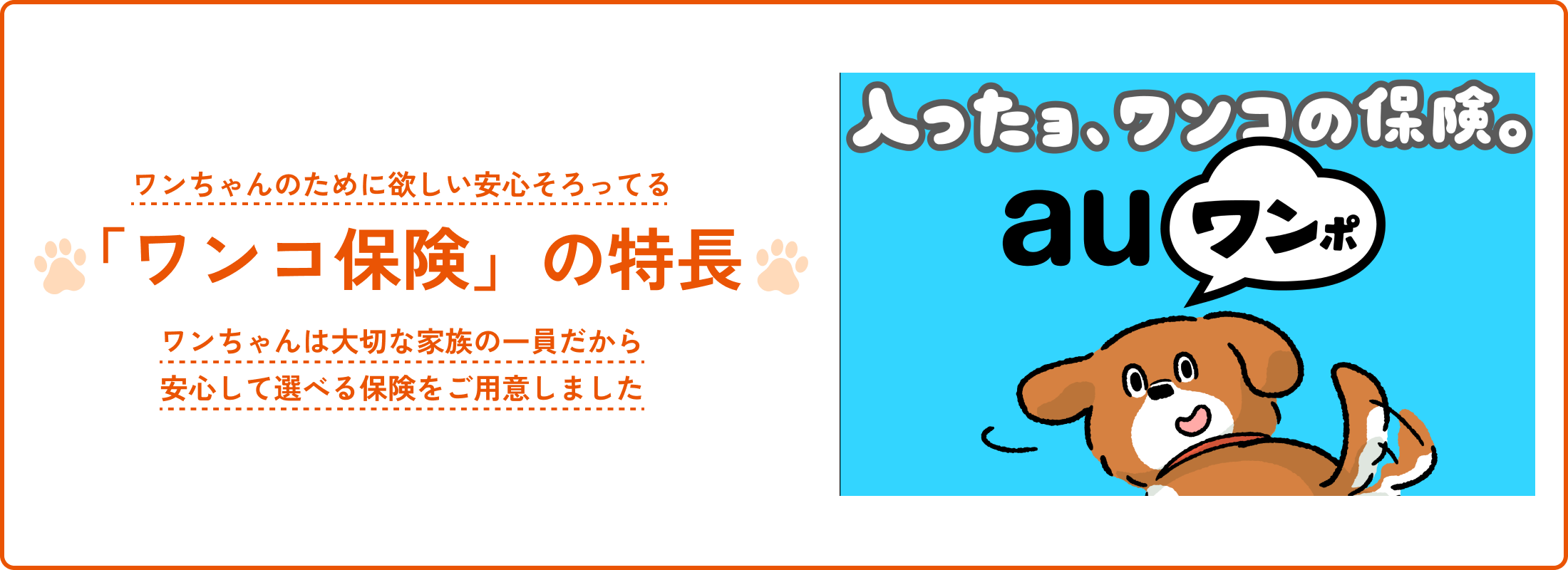 ワンちゃんのために欲しい安心そろってる 「ワンコ保険」の特長 ワンちゃんは大切な家族の一員だから安心して選べるョ保険をご用意しました 入ったョ、ワンコの保険。 auワンポ