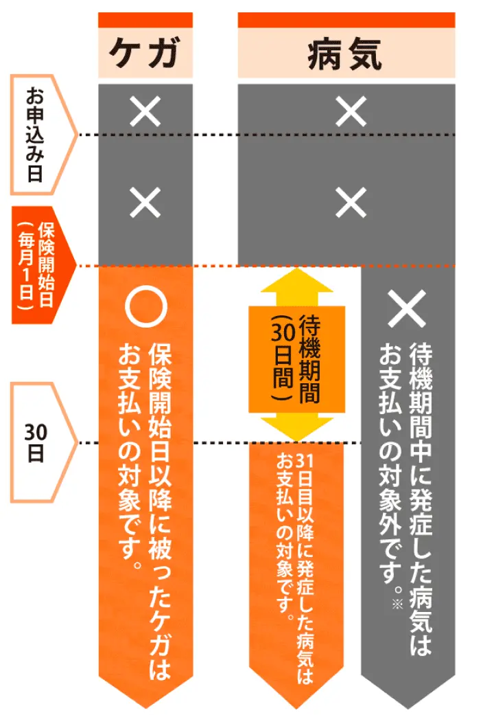 ケガの場合、保険開始日以降に被ったケガはお支払いの対象です。病気の場合、保険開始日（毎月1日）から待期期間（30日間）に発病した病気はお支払いの対象外です。（※）31日目以降に発病した病気はお支払いの対象です。